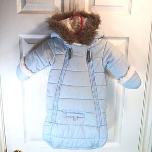 Light Blue Kids Puffer Coat with Faux Fur Trim